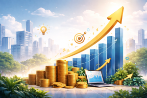 Illustration représentant la croissance d'une entreprise avec graphique financier en hausse, pièces d’or et flèche ascendante symbolisant la performance et le développement business.