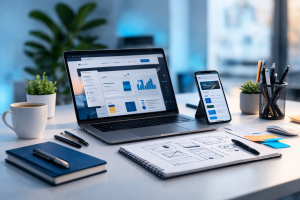Conception de site web professionnel avec wireframes UX sur ordinateur portable