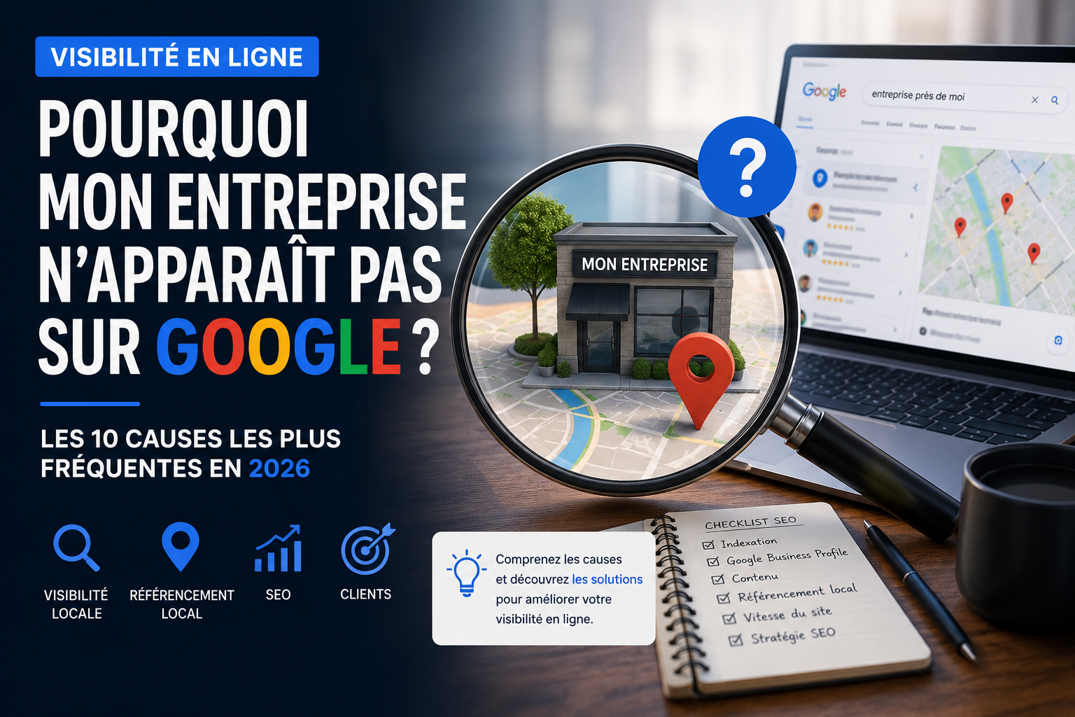Pourquoi mon entreprise n'apparaît pas sur Google en 2026 : illustration du référencement local, de Google Business Profile et de la visibilité en ligne.