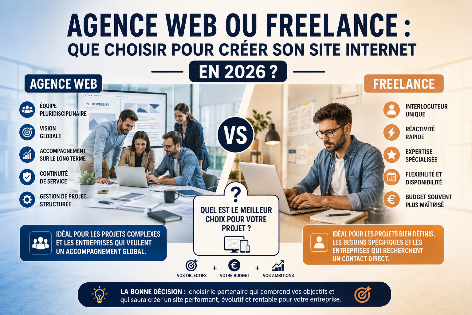 Comparatif entre une agence web et un freelance pour choisir le meilleur prestataire afin de créer un site internet professionnel en 2026.