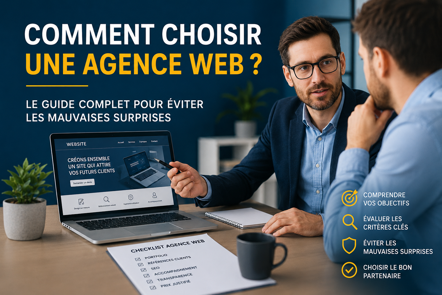 Deux professionnels analysent un projet de création de site internet pour illustrer les critères essentiels permettant de choisir une agence web en 2026.