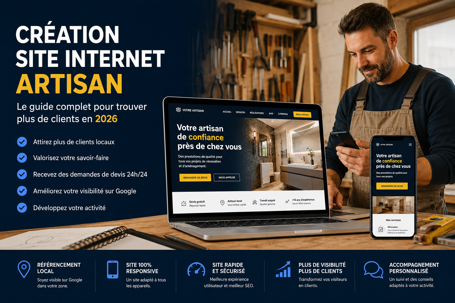 Création de site internet pour artisan Artisan utilisant un site internet professionnel optimisé pour attirer plus de clients grâce au référencement local.