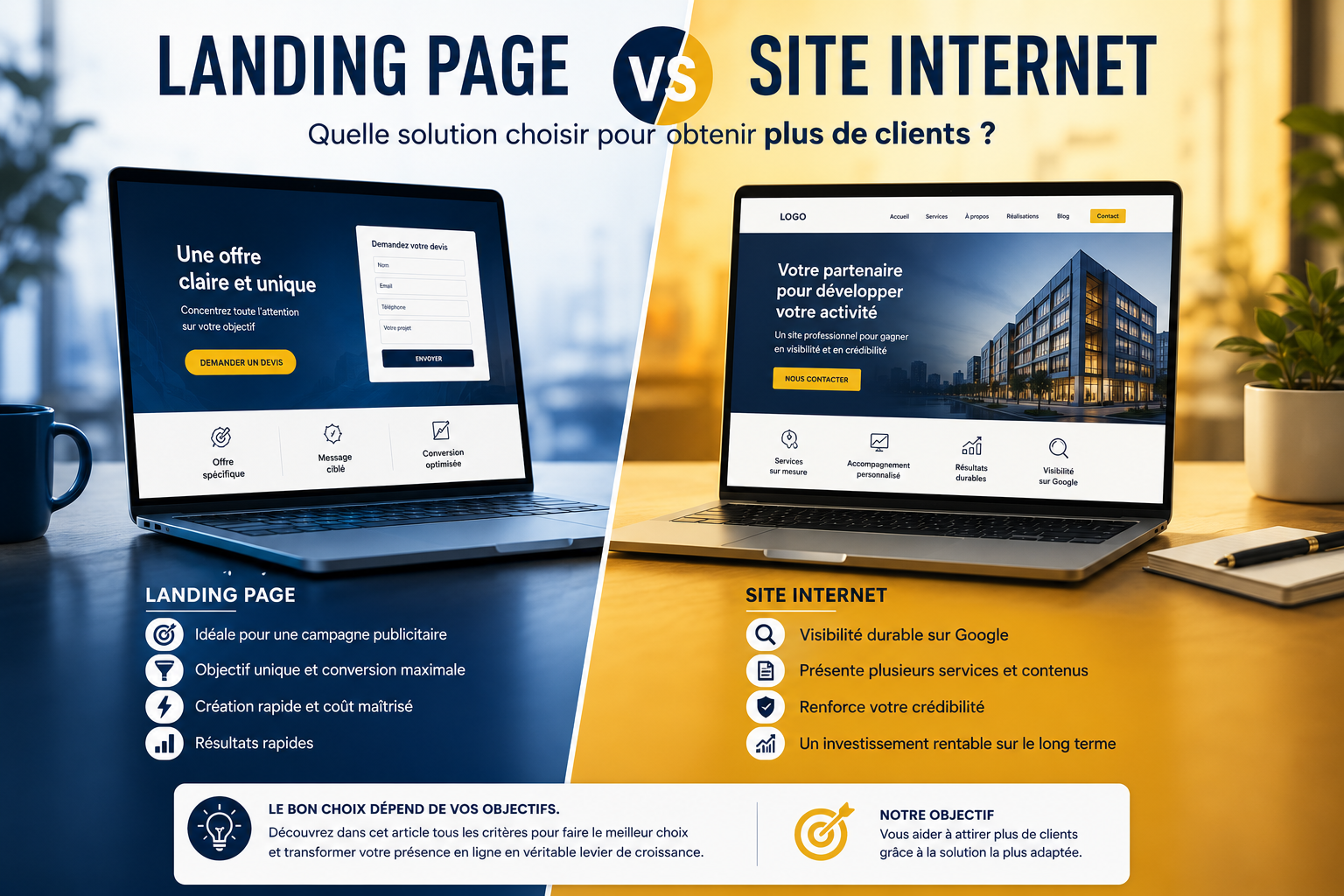 Comparatif entre une landing page et un site internet professionnel pour choisir la meilleure solution afin d'obtenir plus de clients.