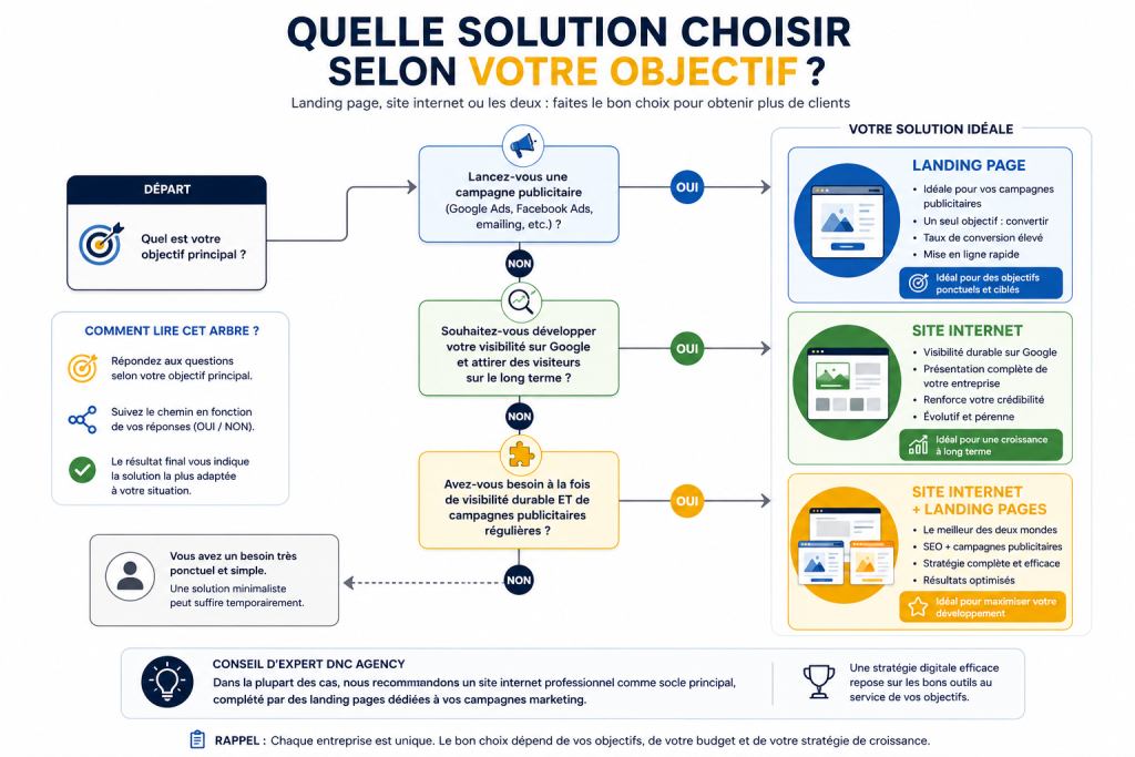 Arbre de décision permettant de choisir entre une landing page, un site internet ou une combinaison des deux selon les objectifs de l'entreprise.