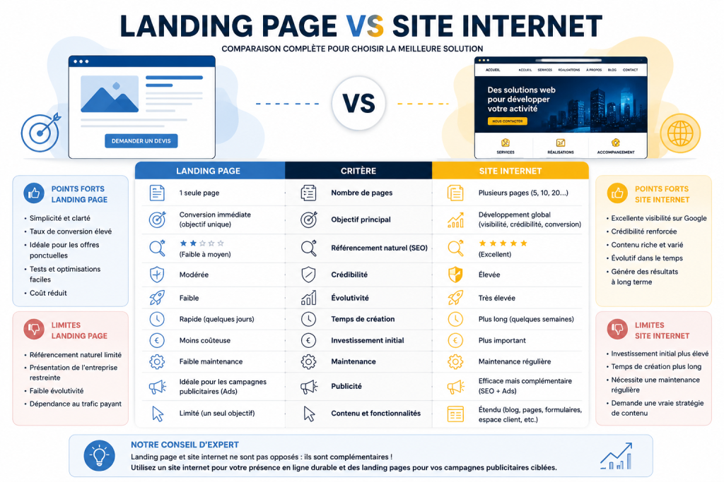 Comparatif entre une landing page et un site internet professionnel pour choisir la meilleure solution afin d'obtenir plus de clients.