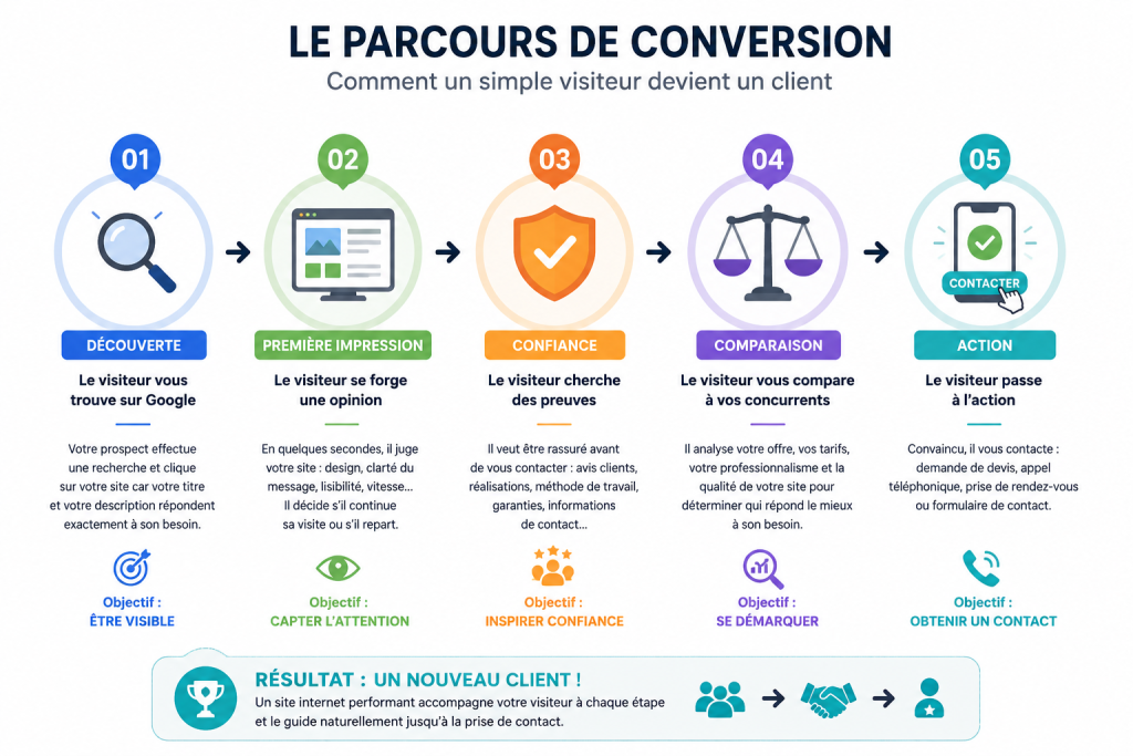 Schéma illustrant le parcours de conversion d'un visiteur en client sur un site internet professionnel.