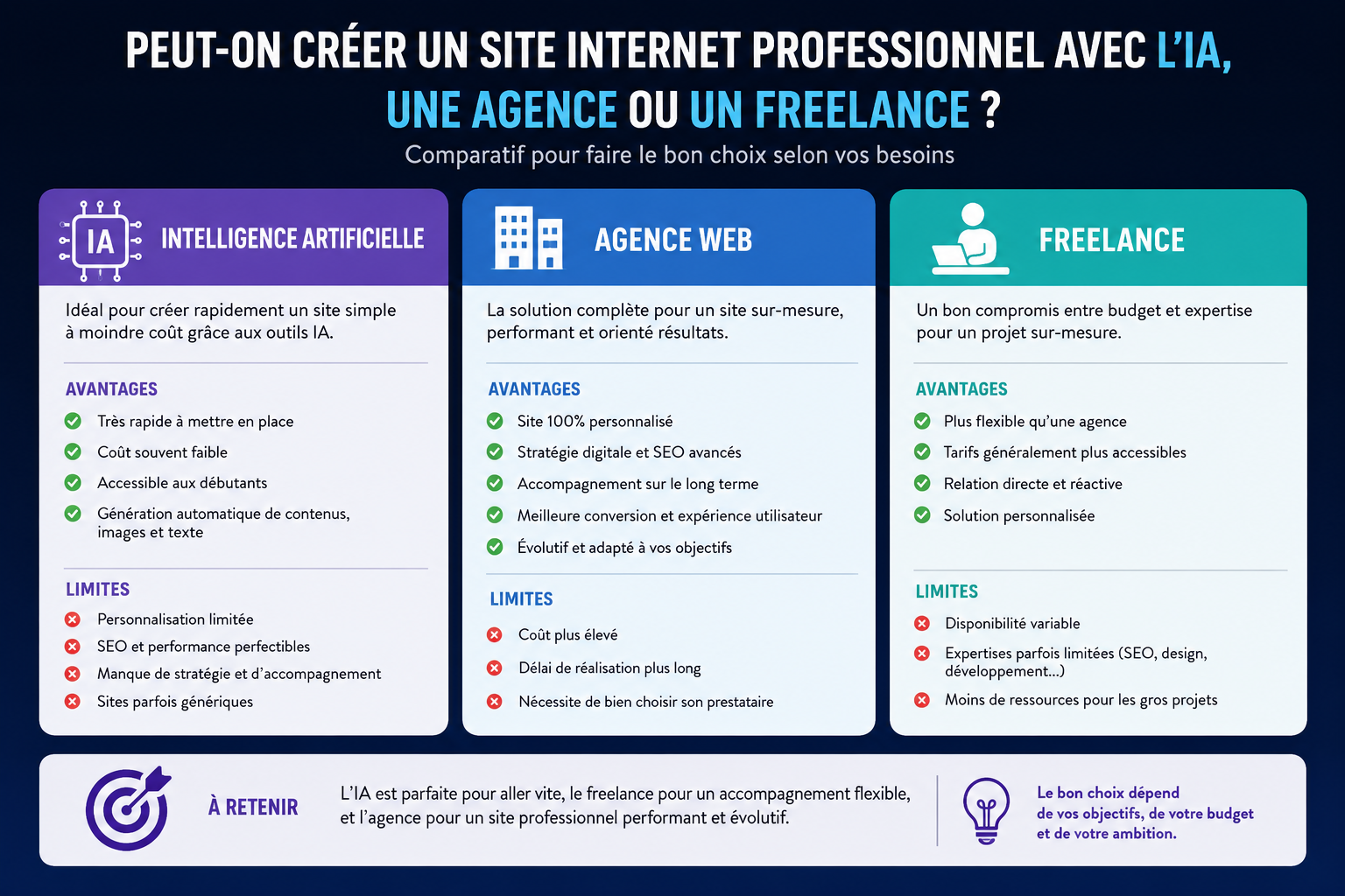Comparatif entre l'intelligence artificielle, une agence web et un freelance pour créer un site internet professionnel en 2026.