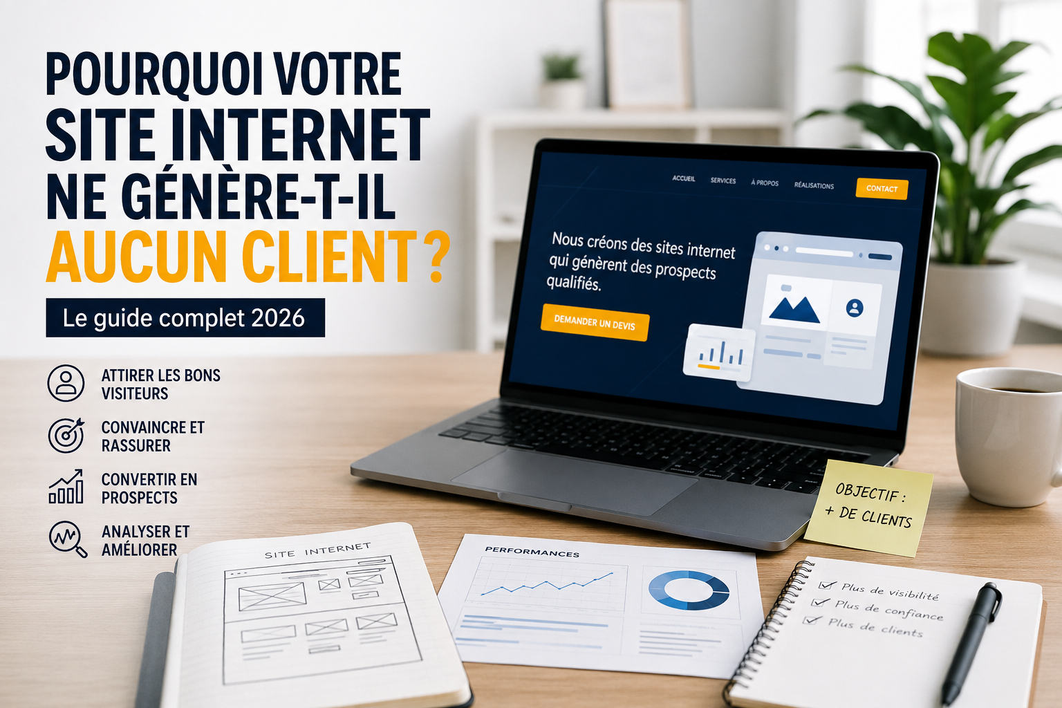 Illustration d'un site internet professionnel avec des statistiques de performance expliquant pourquoi un site internet ne génère aucun client et comment améliorer son taux de conversion.