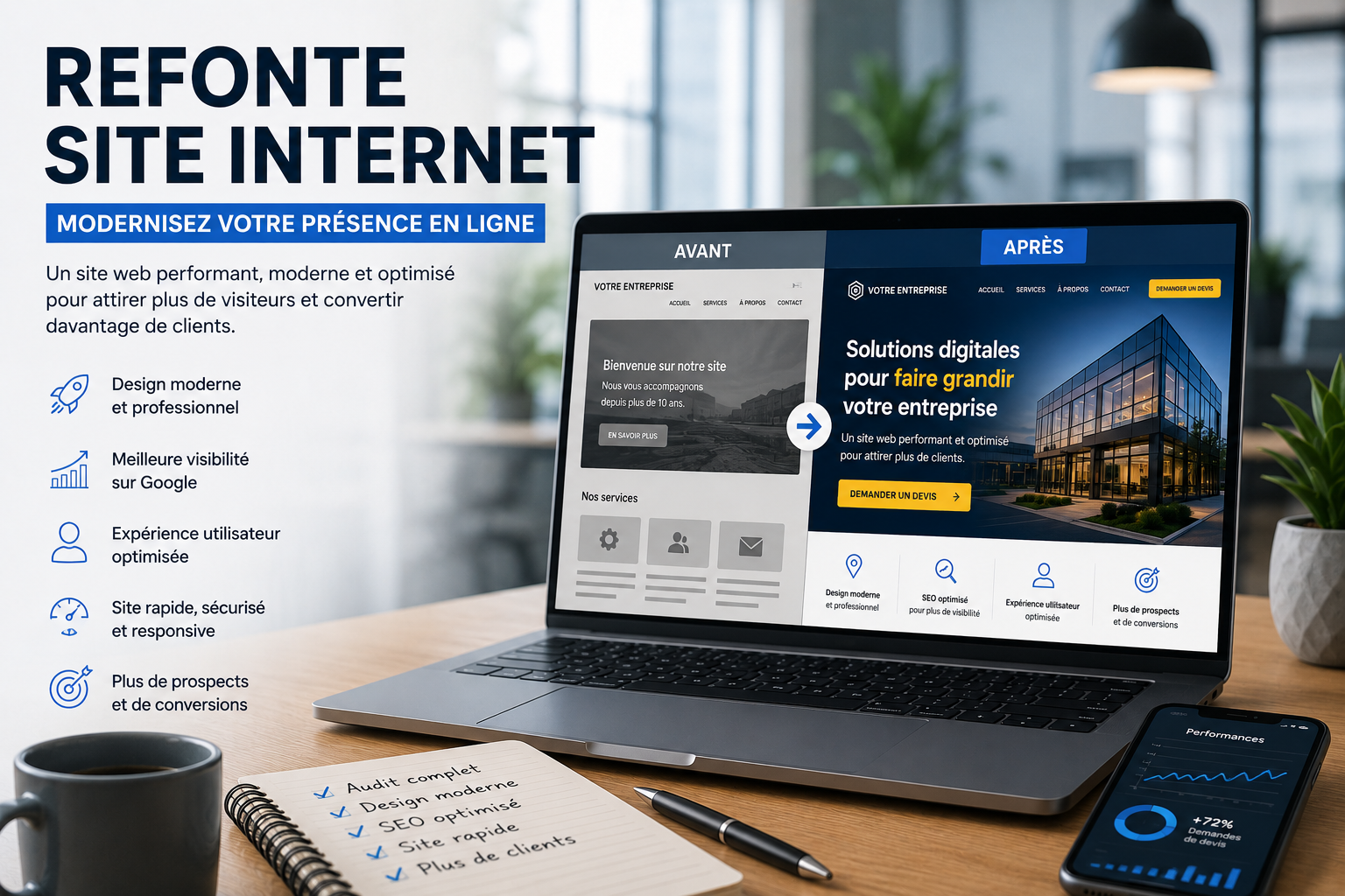 Refonte de site internet professionnel pour améliorer le référencement Google, l'expérience utilisateur et générer davantage de prospects qualifiés.
