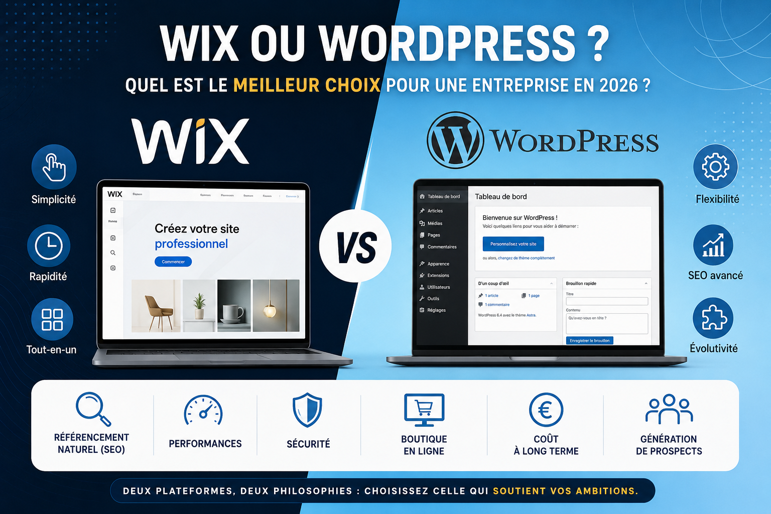 Comparatif entre Wix et WordPress pour aider les entreprises à choisir le meilleur CMS en 2026 selon le SEO, les performances, le coût et les fonctionnalités.